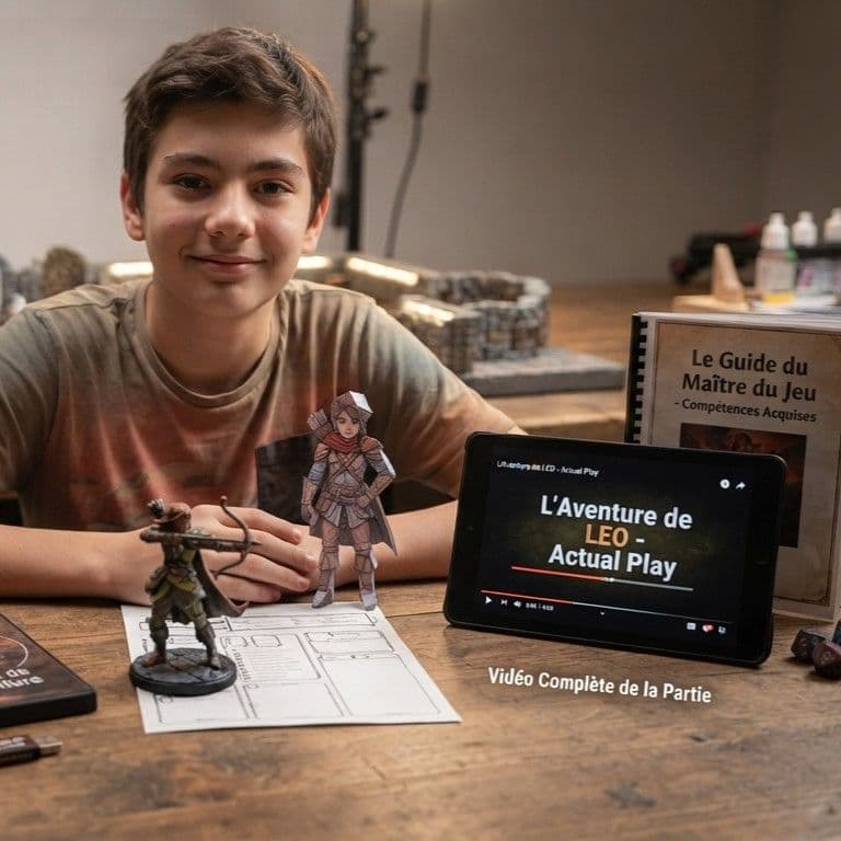 Un jeune avec sa figurine, son personnage en papier et la vidéo de son actual play