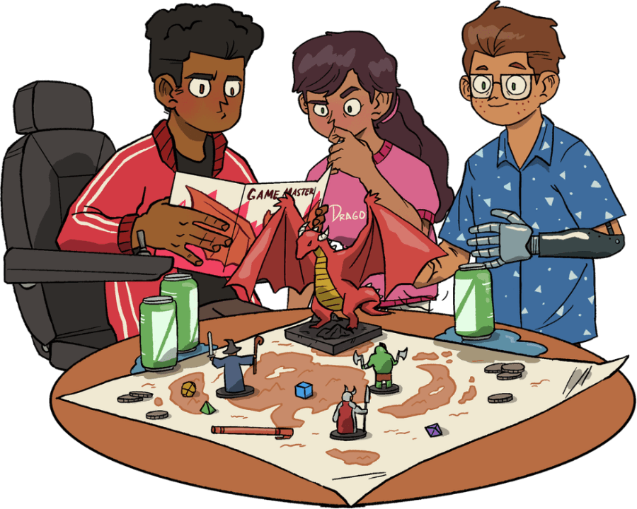 Trois ados autour d'une table de jeu de rôle